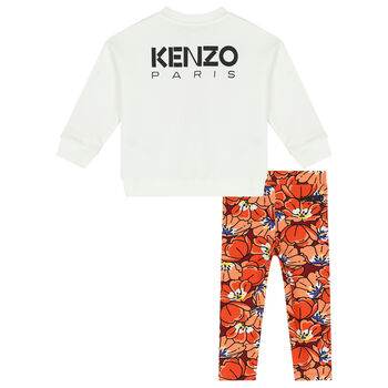 Younger Girls Ivory & Orange Boke Flower Leggings Set